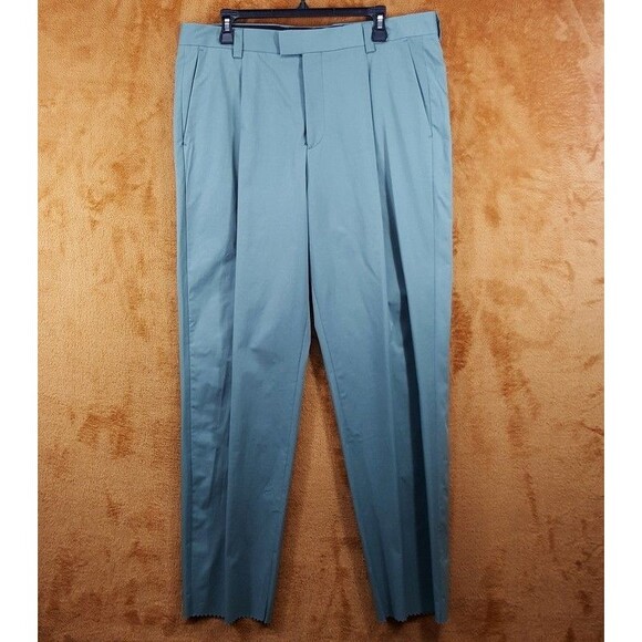 HUGO BOSS Pants Mens Sz 36 Green Pleated Lightweight Regular Fit Unfinished Hem